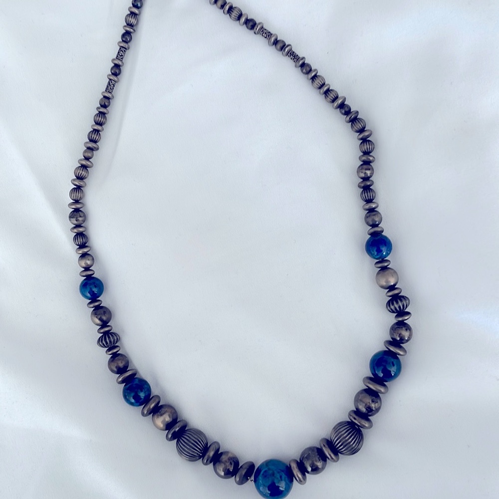 Silver and Lapis Antique Beaded Necklace